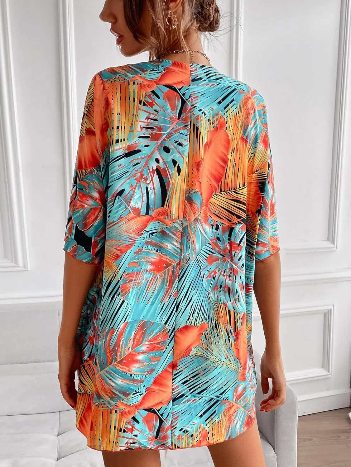 Floerns Women's Half Sleeve Open Front Geo Print Sheer Cardigan Kimono Coverup
