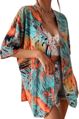 Floerns Women's Half Sleeve Open Front Geo Print Sheer Cardigan Kimono Coverup