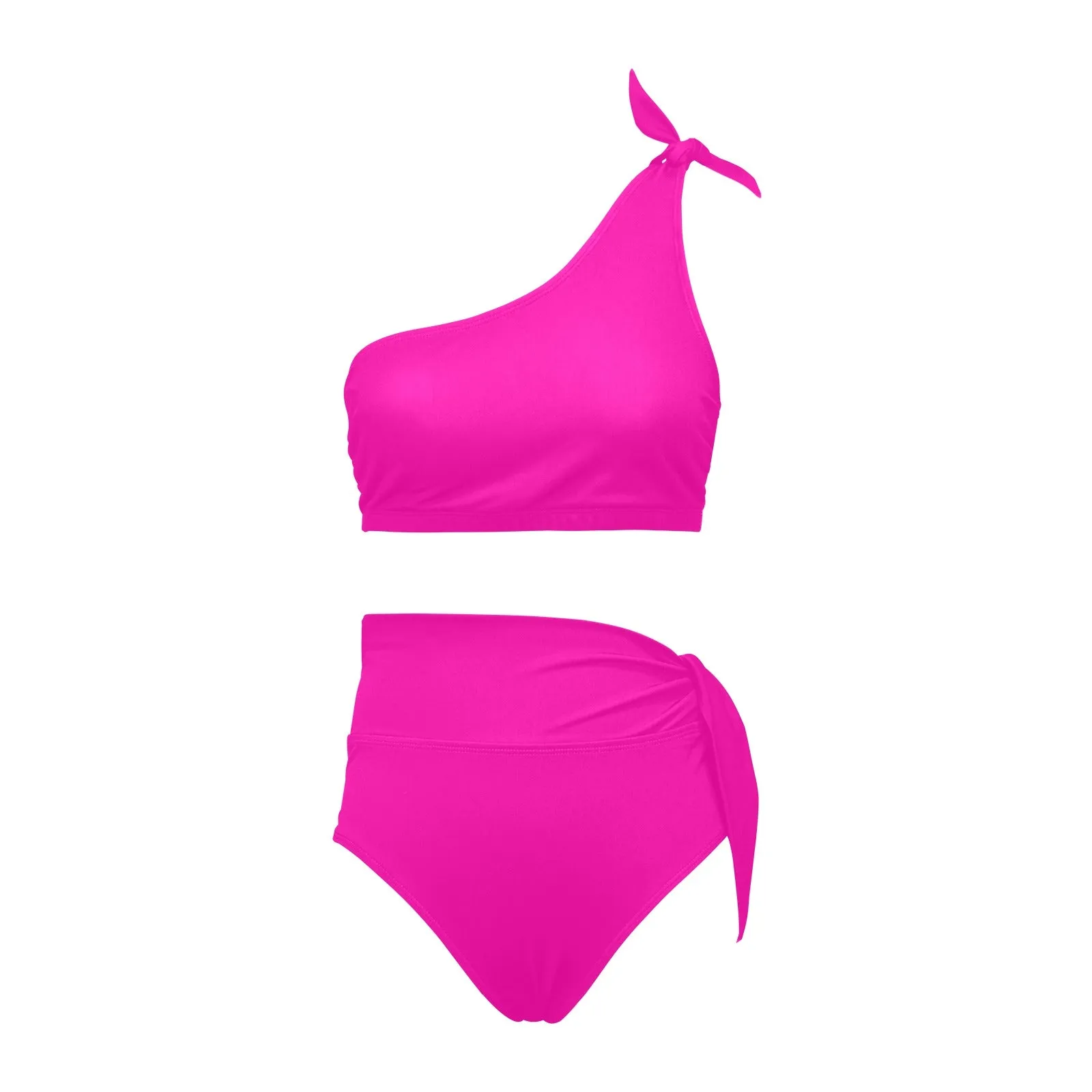 fuchsia print solid High Waisted One Shoulder Bikini Set (Model S16)