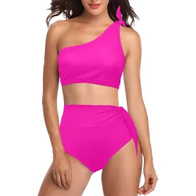 fuchsia print solid High Waisted One Shoulder Bikini Set (Model S16)