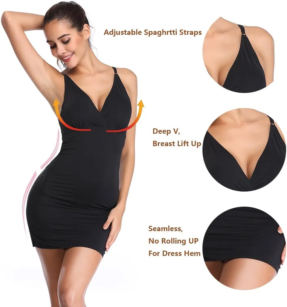 Full Slips for Under Dresses Women Full Body Shaping Control Slip V Neck Adjustable Spaghetti Straps Long Nightgown