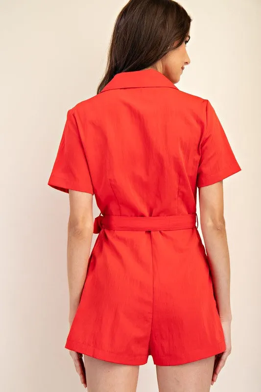Hailey Short Sleeve Lapel Collar Waist Tie Romper Red