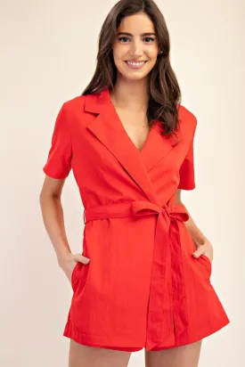 Hailey Short Sleeve Lapel Collar Waist Tie Romper Red