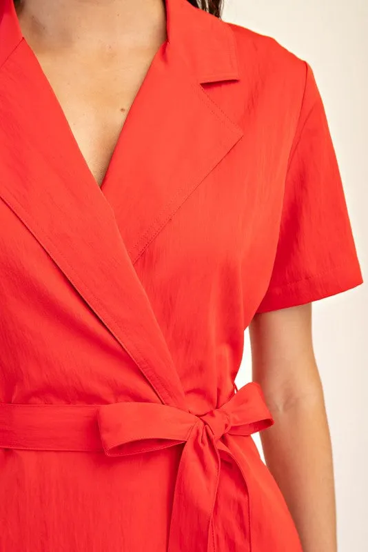 Hailey Short Sleeve Lapel Collar Waist Tie Romper Red