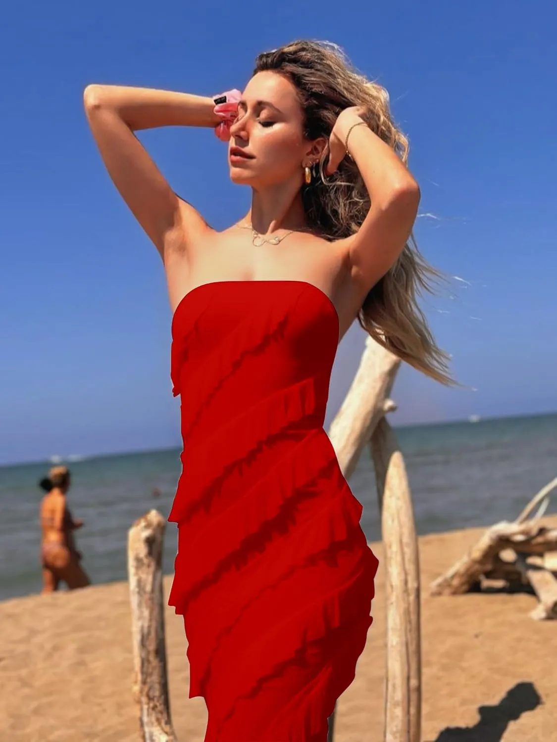 HOCILLE Women's Sexy Strapless Tube Top Bodycon Sleeveless Ruffle Midi Party Cocktail Dress