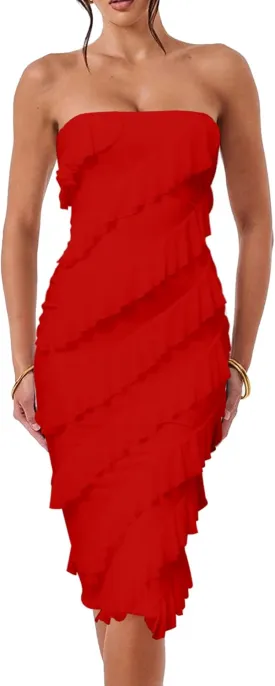 HOCILLE Women's Sexy Strapless Tube Top Bodycon Sleeveless Ruffle Midi Party Cocktail Dress