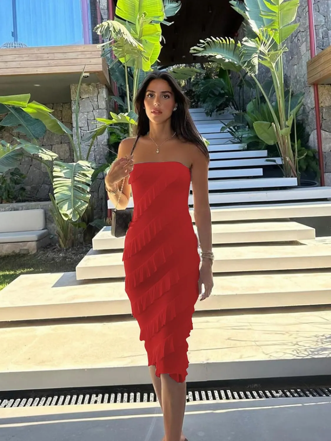 HOCILLE Women's Sexy Strapless Tube Top Bodycon Sleeveless Ruffle Midi Party Cocktail Dress