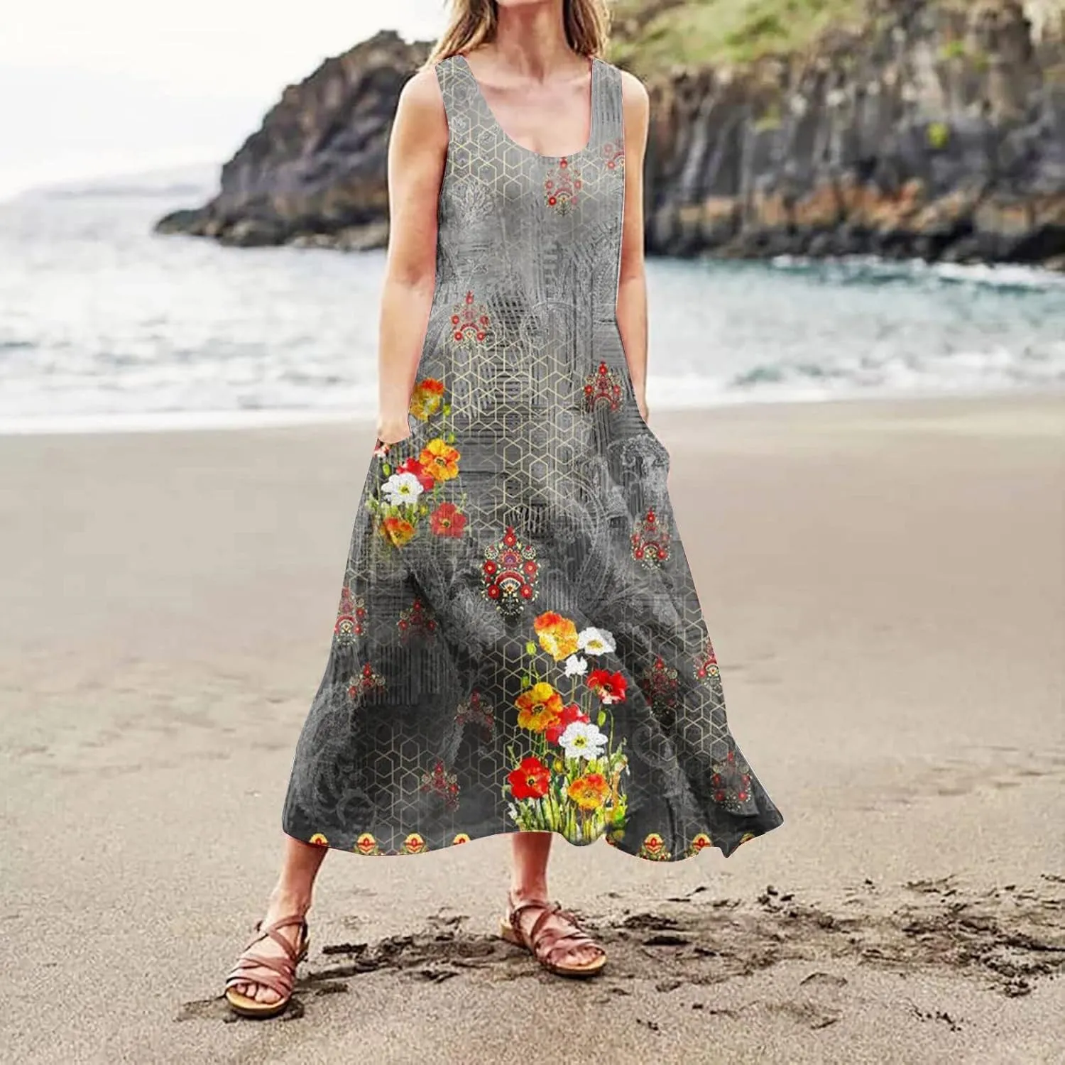 HXHYQKP Plus Size Dresses for Curvy Women - Sleeveless Summer Maxi Sun Dresses with Pockets