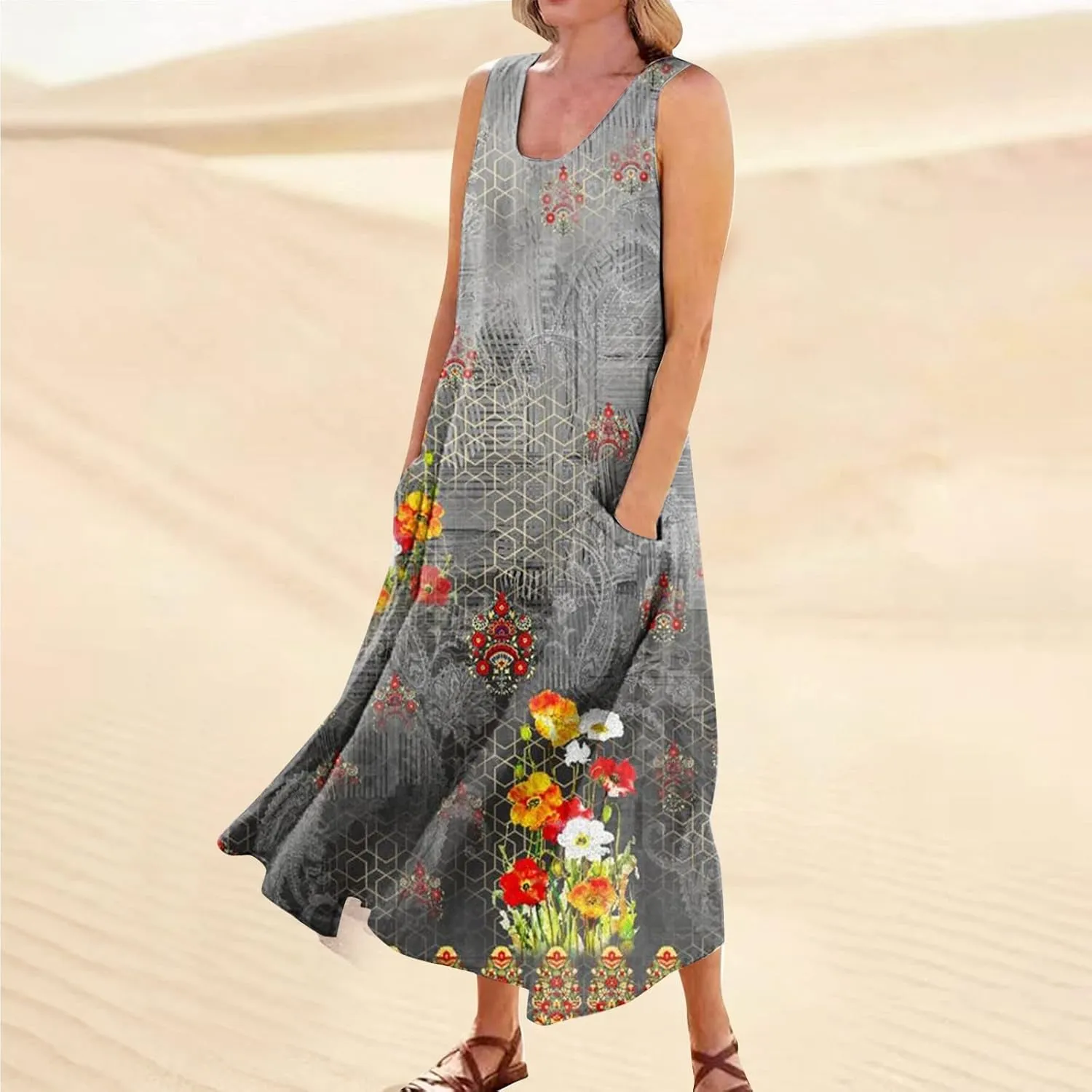 HXHYQKP Plus Size Dresses for Curvy Women - Sleeveless Summer Maxi Sun Dresses with Pockets
