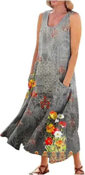 HXHYQKP Plus Size Dresses for Curvy Women - Sleeveless Summer Maxi Sun Dresses with Pockets