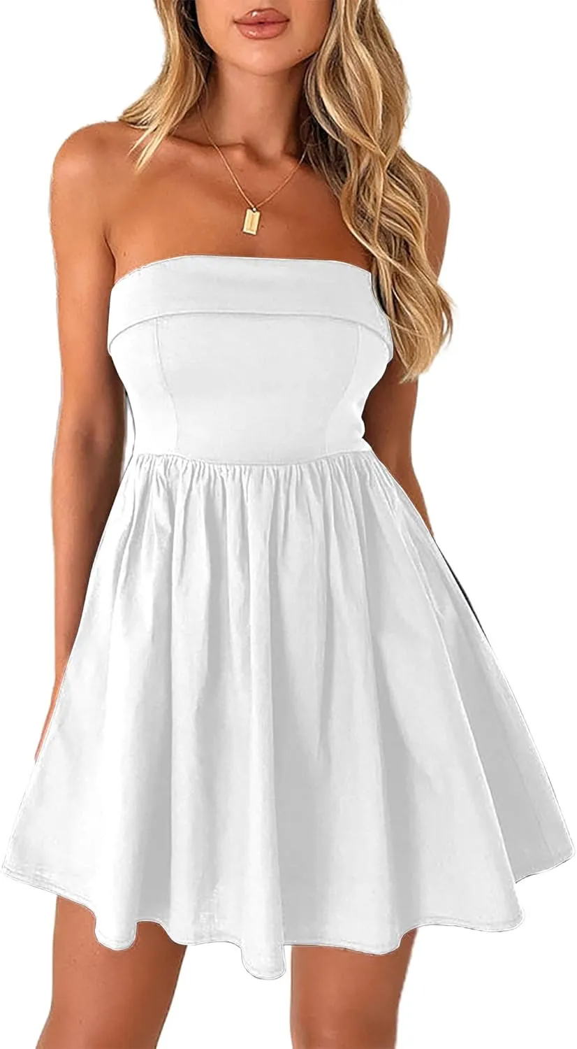 HYPERFIRE Women's Elegant Strapless Tube Top Dress Sleeveless Smocked Mini Short Dresses with Pockets