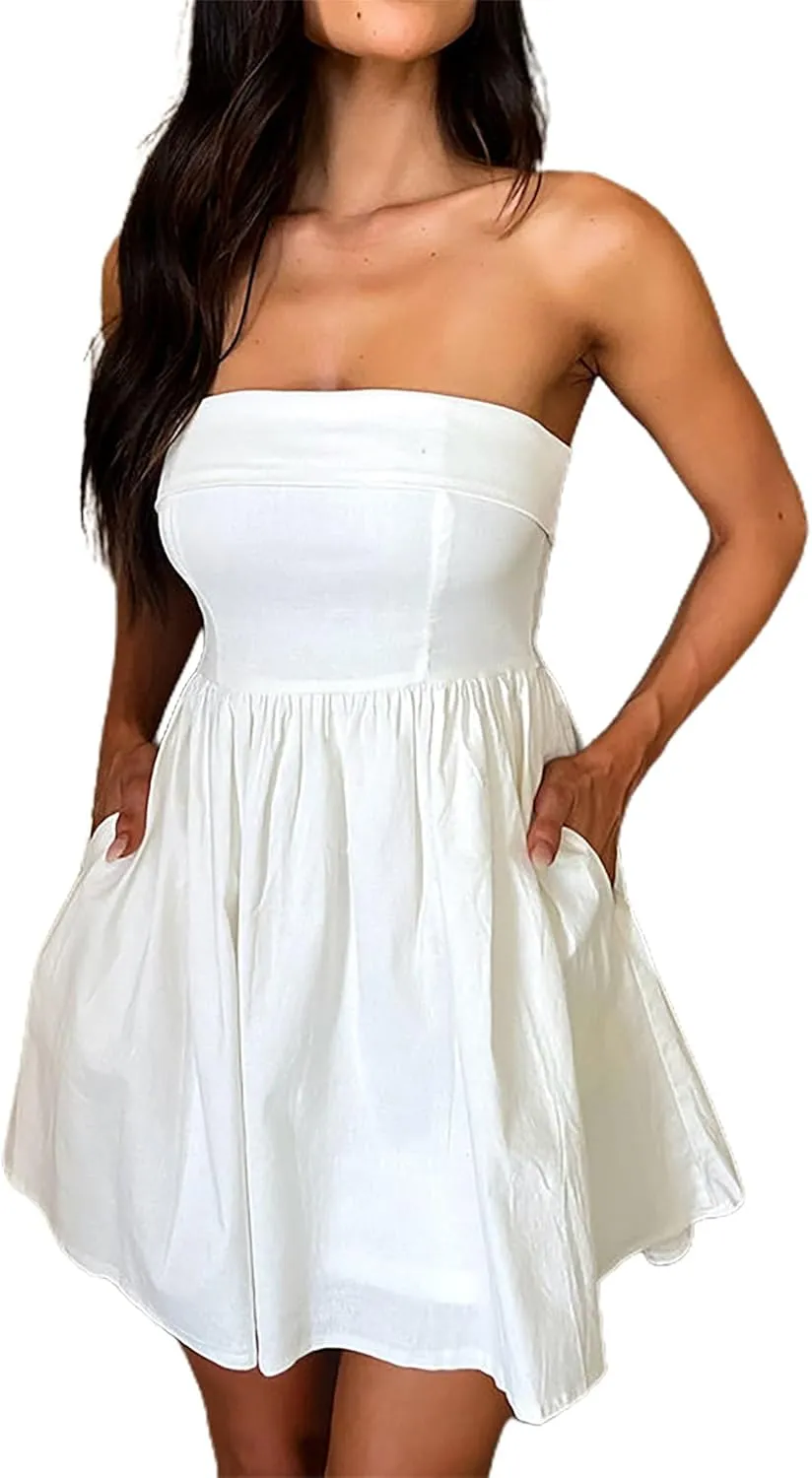 HYPERFIRE Women's Elegant Strapless Tube Top Dress Sleeveless Smocked Mini Short Dresses with Pockets