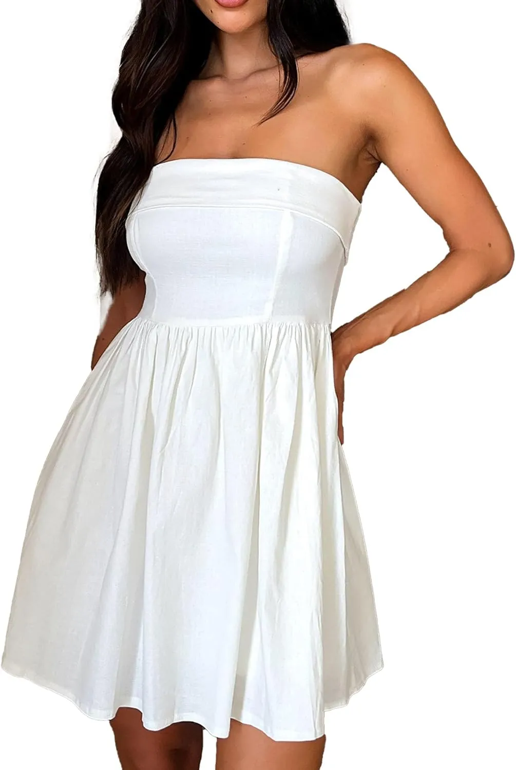 HYPERFIRE Women's Elegant Strapless Tube Top Dress Sleeveless Smocked Mini Short Dresses with Pockets