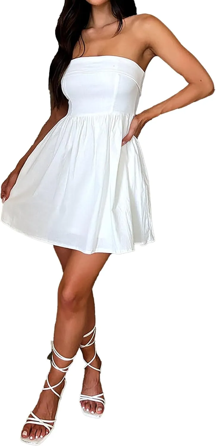 HYPERFIRE Women's Elegant Strapless Tube Top Dress Sleeveless Smocked Mini Short Dresses with Pockets