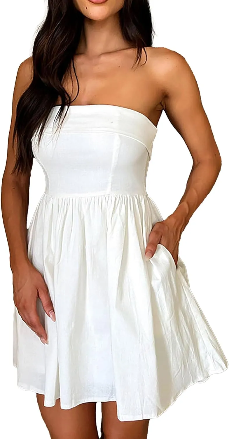 HYPERFIRE Women's Elegant Strapless Tube Top Dress Sleeveless Smocked Mini Short Dresses with Pockets
