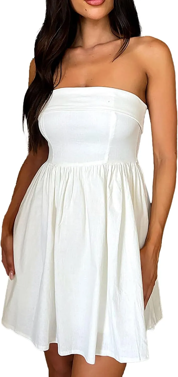 HYPERFIRE Women's Elegant Strapless Tube Top Dress Sleeveless Smocked Mini Short Dresses with Pockets