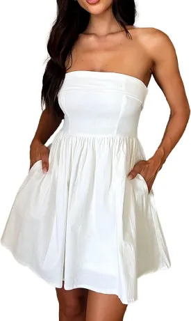 HYPERFIRE Women's Elegant Strapless Tube Top Dress Sleeveless Smocked Mini Short Dresses with Pockets