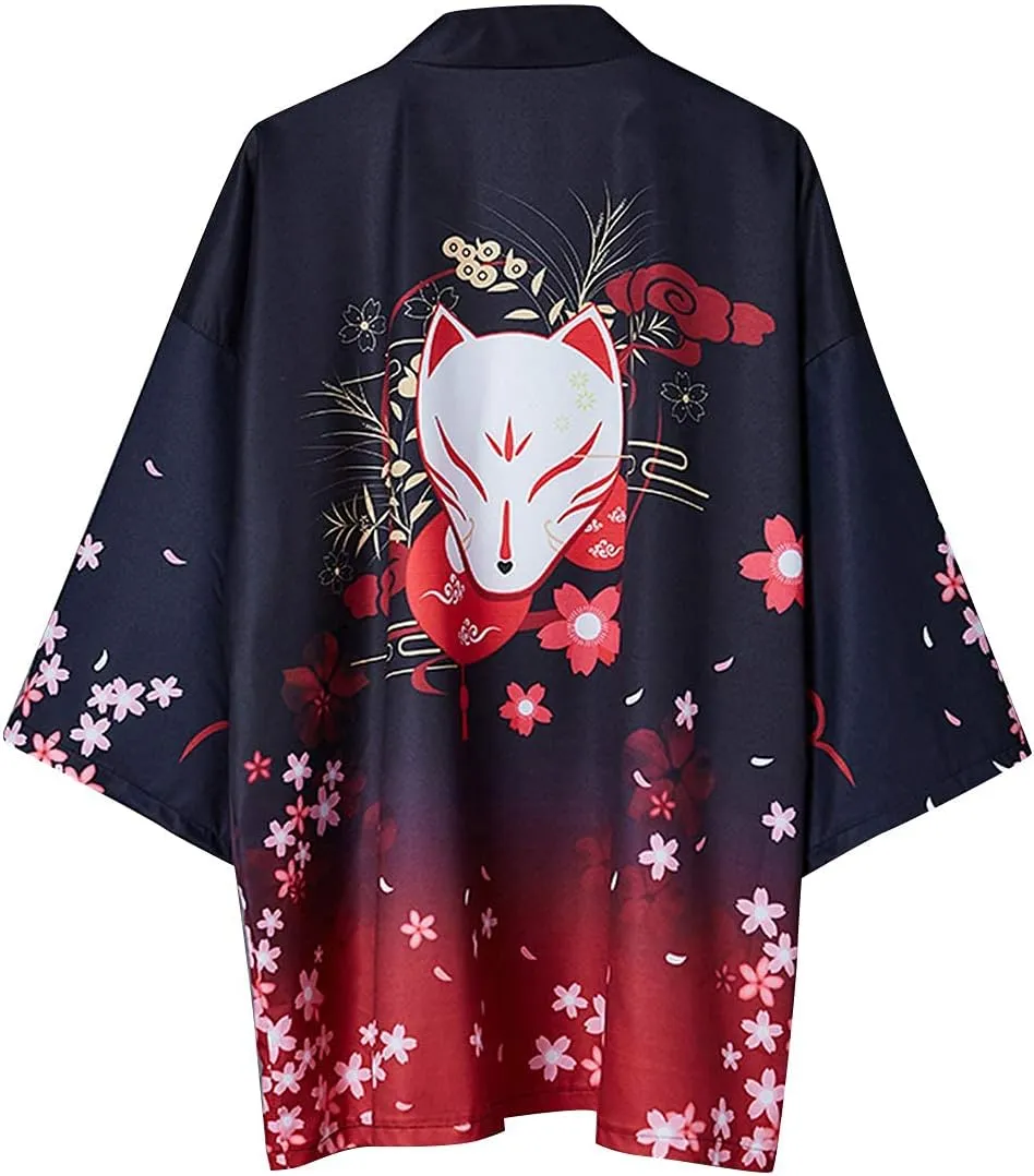 LAI MENG FIVE CATS Women's Floral Print Puff Sleeve Loose Blouse Japanese Kimono Cover up Casual Cute Tops