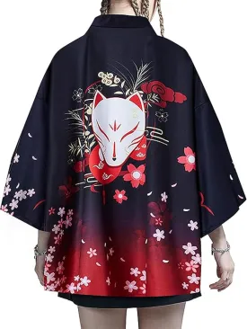 LAI MENG FIVE CATS Women's Floral Print Puff Sleeve Loose Blouse Japanese Kimono Cover up Casual Cute Tops