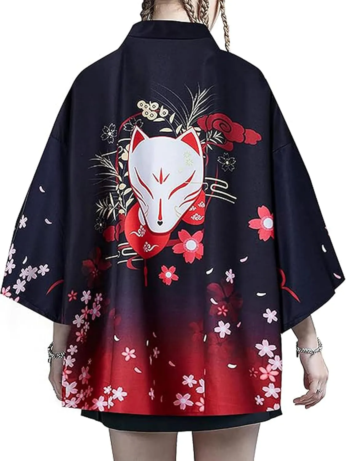 LAI MENG FIVE CATS Women's Floral Print Puff Sleeve Loose Blouse Japanese Kimono Cover up Casual Cute Tops