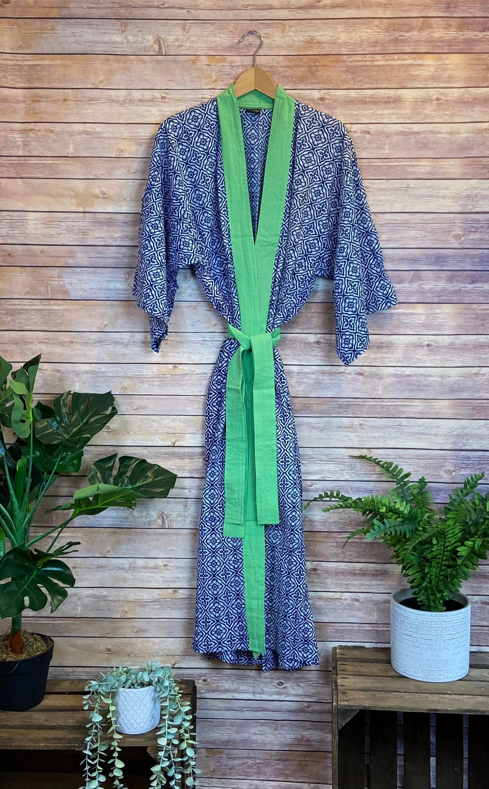 Long Geometric Kimono - Blue & Green