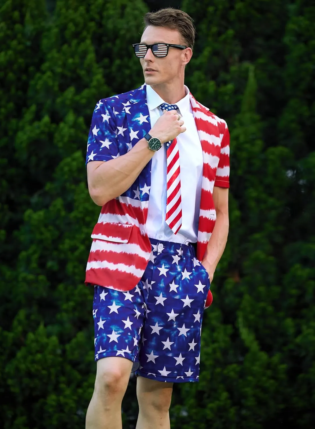 Mainfini Men's 3 Pcs American Flag Suit 4th of July Blazer with Shorts Tie (S-XXL)