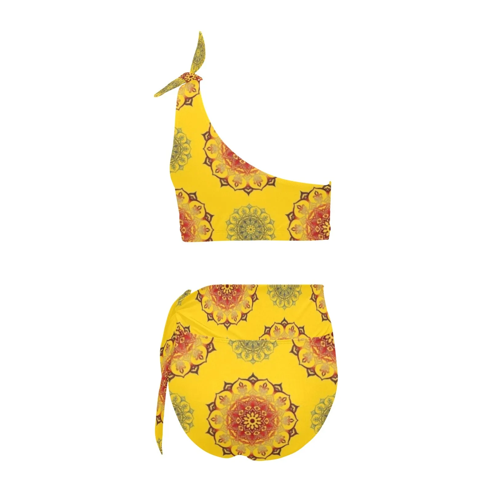 mandala gold print 3 High Waisted One Shoulder Bikini Set (Model S16)