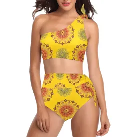 mandala gold print 3 High Waisted One Shoulder Bikini Set (Model S16)