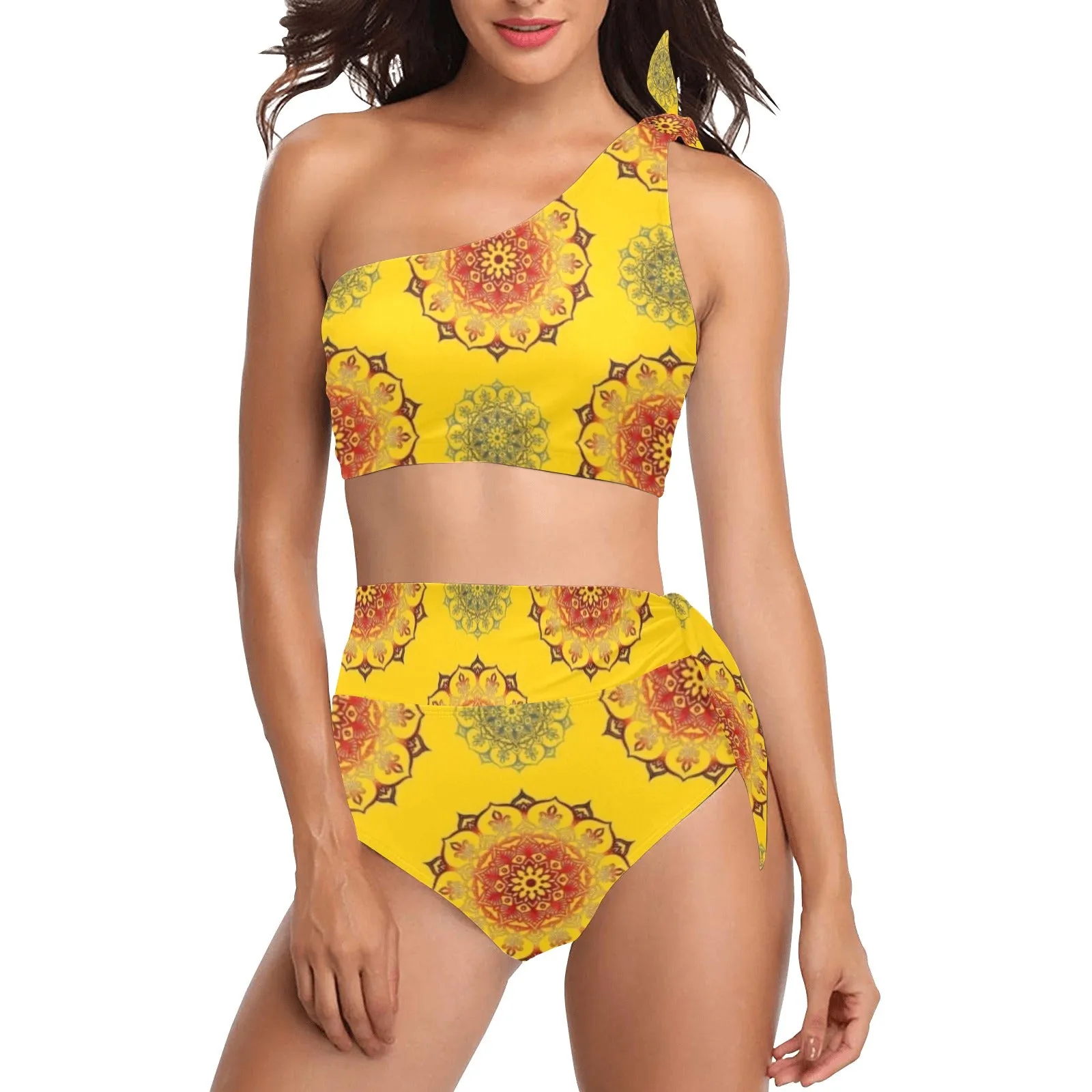 mandala gold print 3 High Waisted One Shoulder Bikini Set (Model S16)