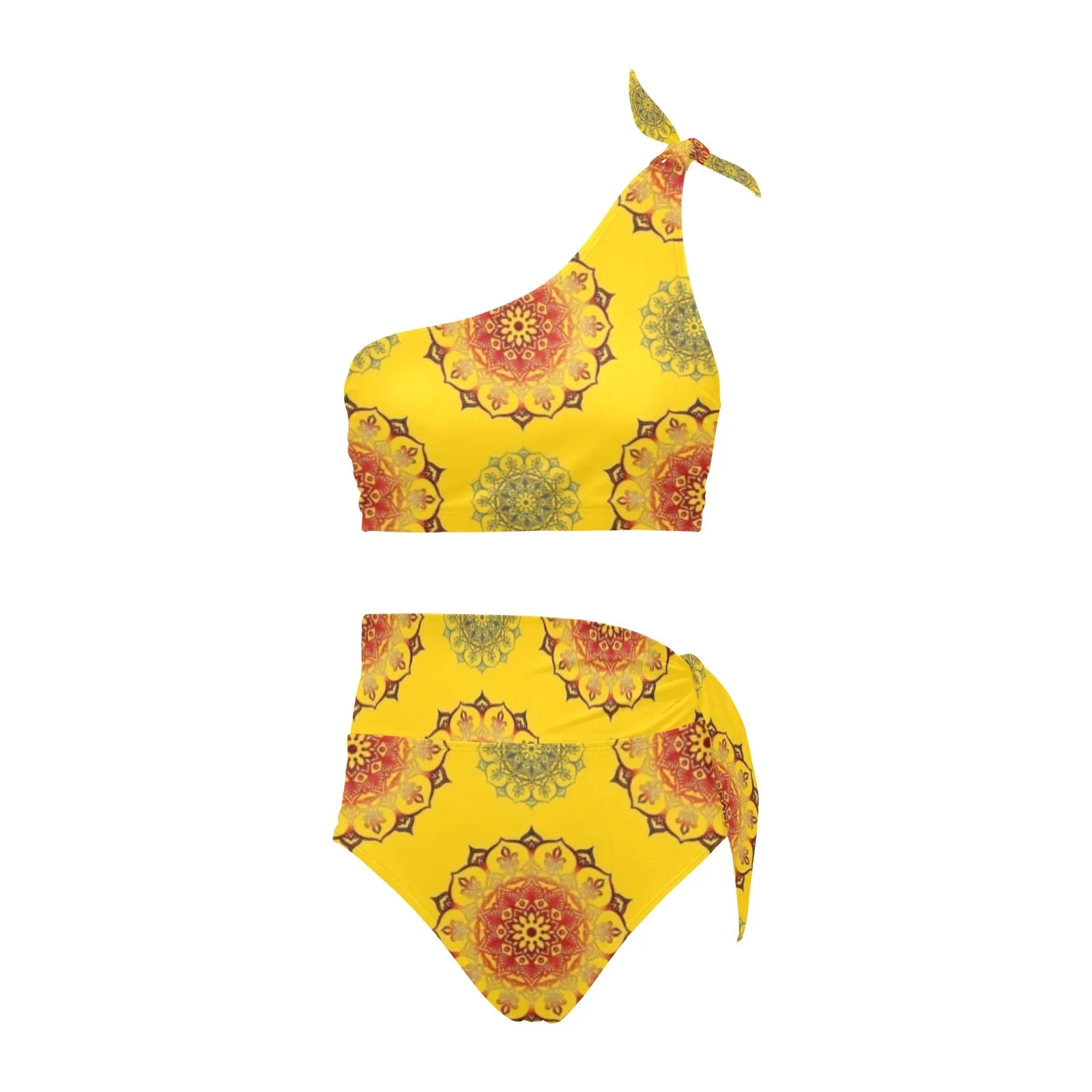 mandala gold print 3 High Waisted One Shoulder Bikini Set (Model S16)