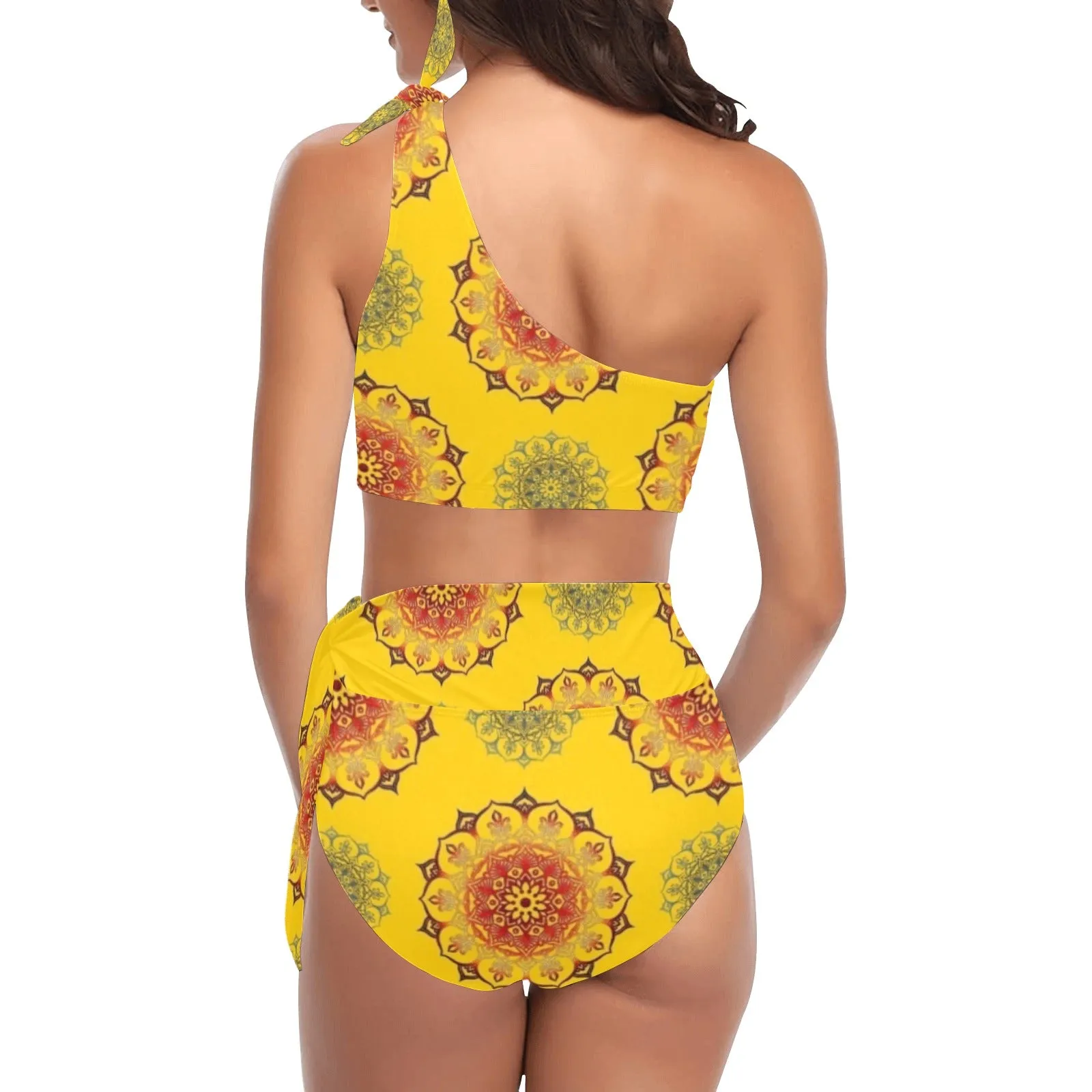 mandala gold print 3 High Waisted One Shoulder Bikini Set (Model S16)