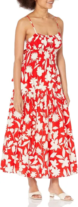 MOON RIVER Women's Back Ribbon Shirred Tiered Smock Midi Dress