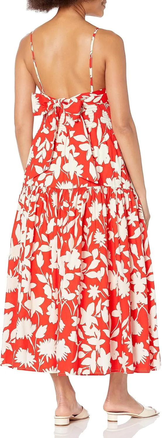 MOON RIVER Women's Back Ribbon Shirred Tiered Smock Midi Dress
