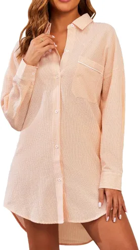 Nightgowns For Women Button Down Nightshirt Striped Sleepwear Long Sleeve Oversized Pajama Dress S-3XL