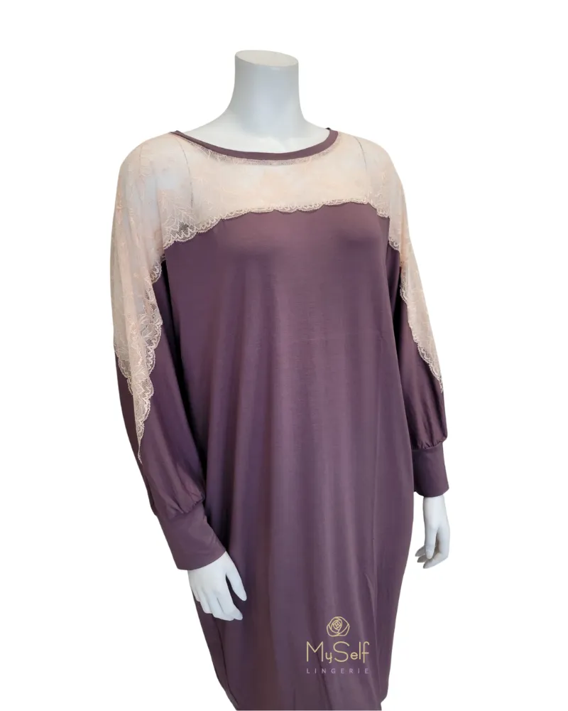 Oh! Zuza Peach Lace Sheer Sleeve Cocoa Modal Nightshirt