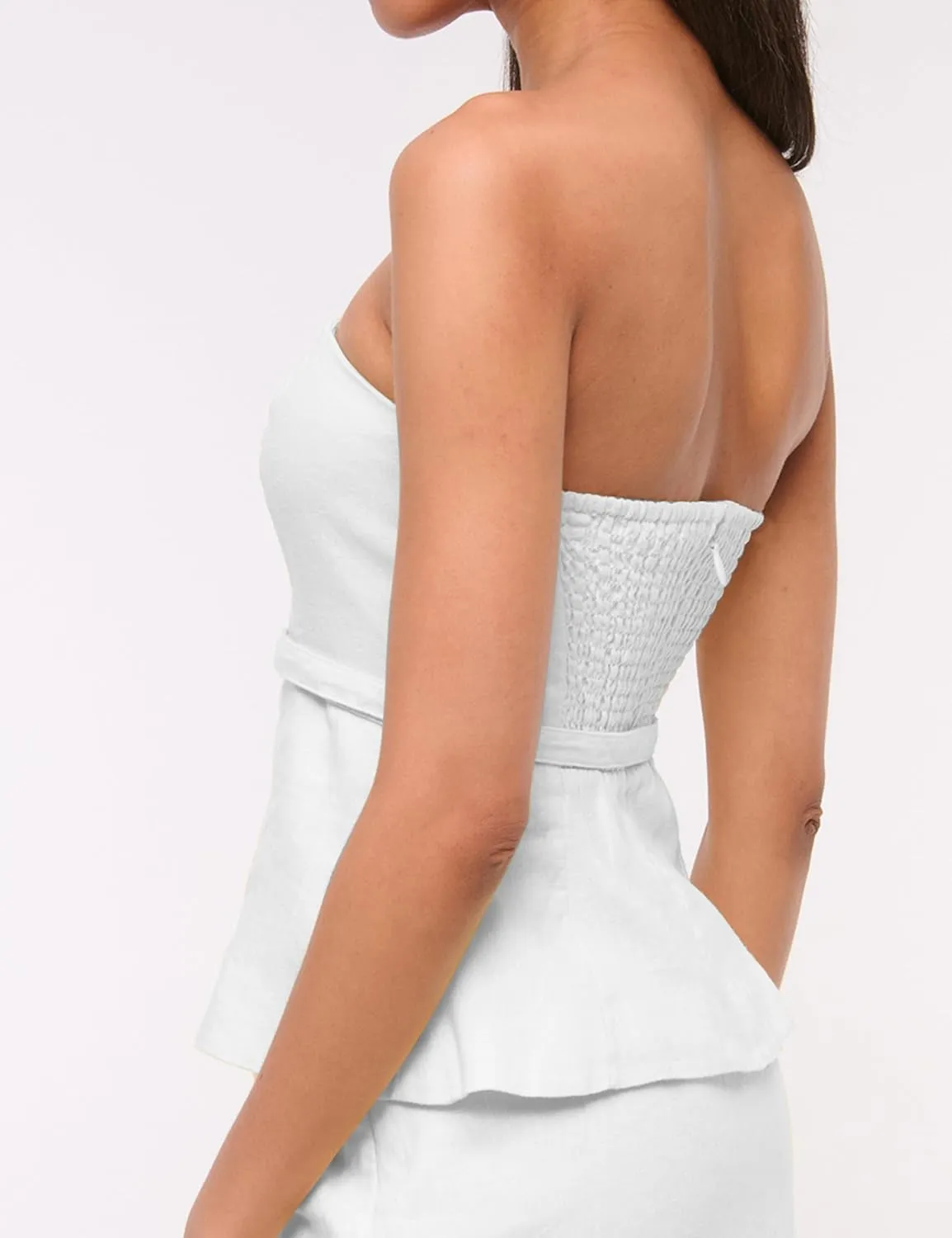 PICPUNMAK Womens Summer Linen Strapless Tube Tops Backless Zipper Flare Hem Belted Peplum Tops Ruffle Bandeau Tube Top Beach