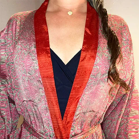 Pink Salmon Lime Silk Kimono