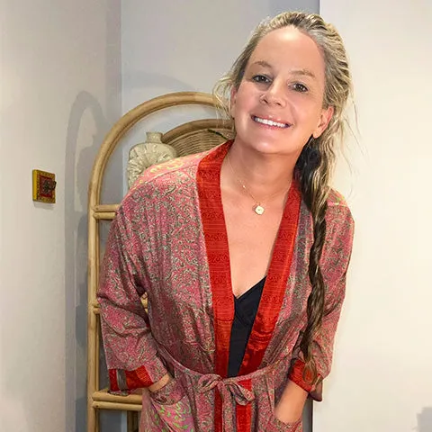 Pink Salmon Lime Silk Kimono