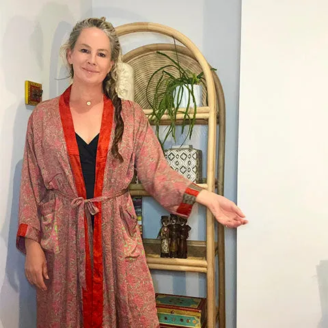 Pink Salmon Lime Silk Kimono