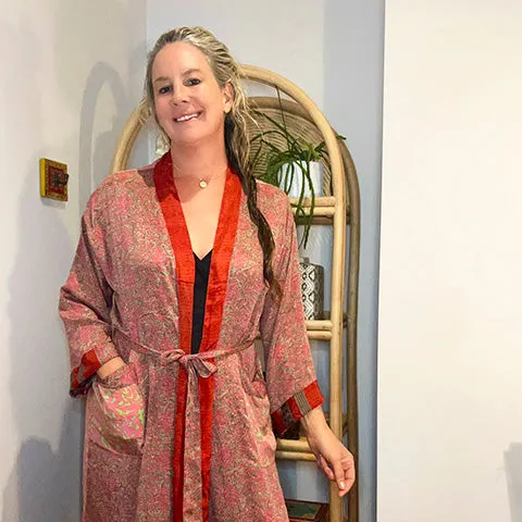 Pink Salmon Lime Silk Kimono