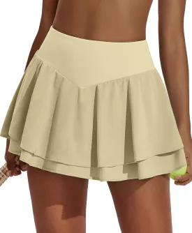 PINSPARK Womens Pleated Tennis Skirt Double Ruffle Golf Skort Tummy Control Athletic Skirts with 3 Pockets Workout Pickleball