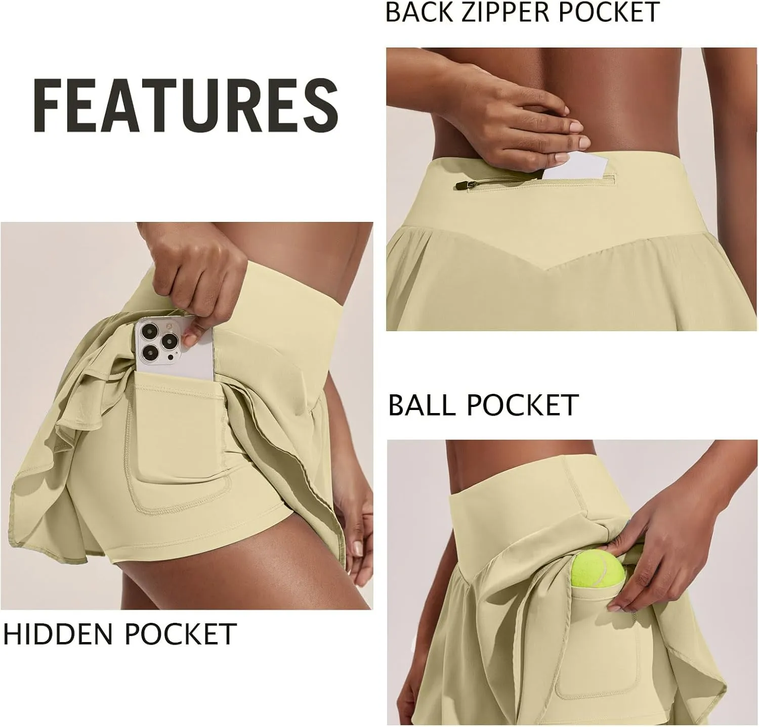 PINSPARK Womens Pleated Tennis Skirt Double Ruffle Golf Skort Tummy Control Athletic Skirts with 3 Pockets Workout Pickleball