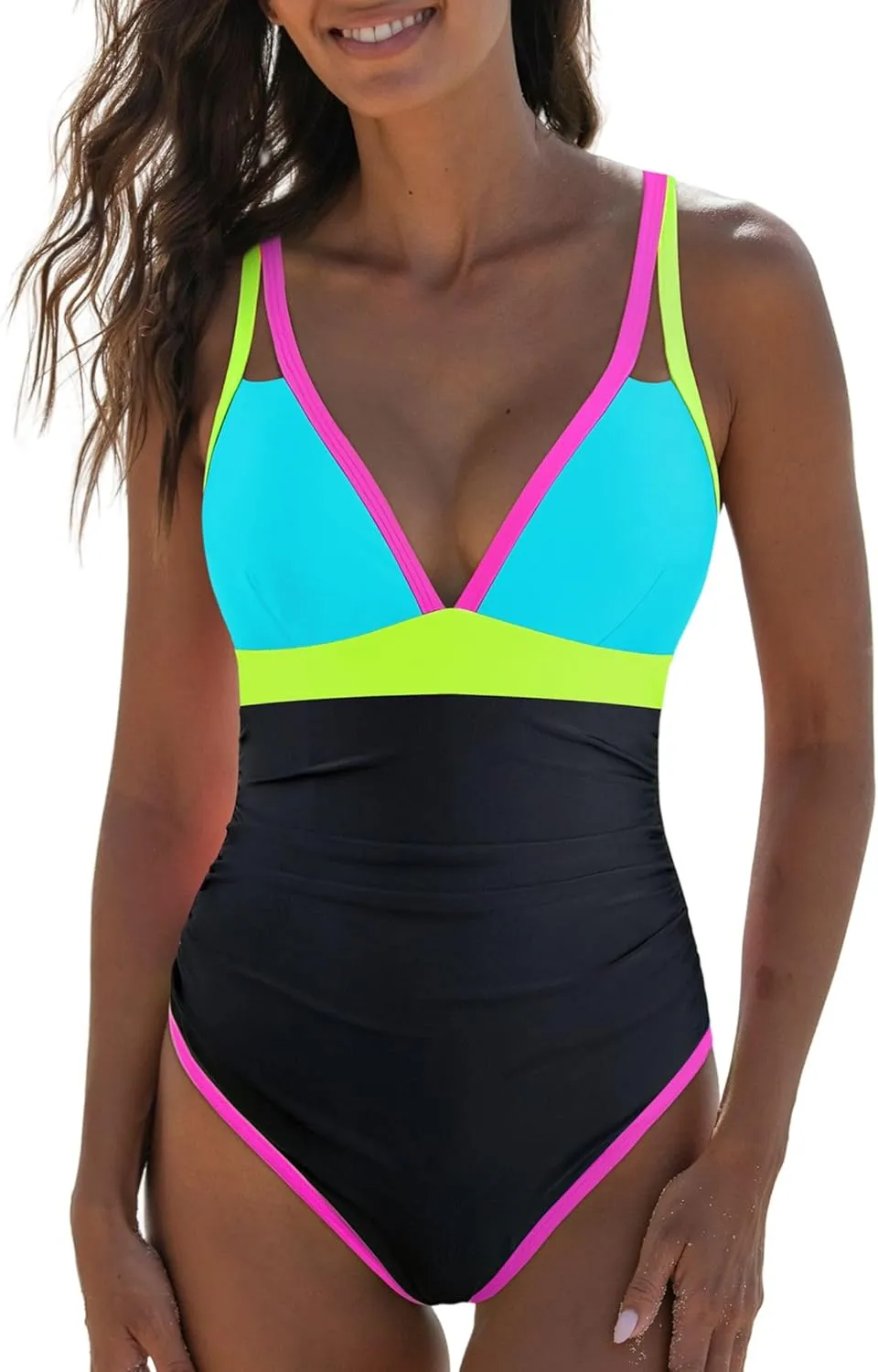 popvil Women's One Piece 2025 Tummy Control Swimsuits Neon Color Block Swimwear Deep V Neck Slimming Bathing Suit