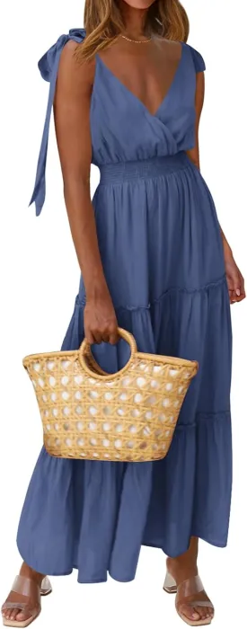 PRETTYGARDEN Women's Cross Neck Summer Sleeveless Tiered Maxi Dress Beach Tie Strap Smocked Long Dresses Pleated Sundress