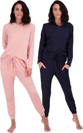Real Essentials 2 Pack: Women's Soft Long Sleeve Sleep Set - Comfortable Lounge Pull Over Hoodie and Henley Jogger