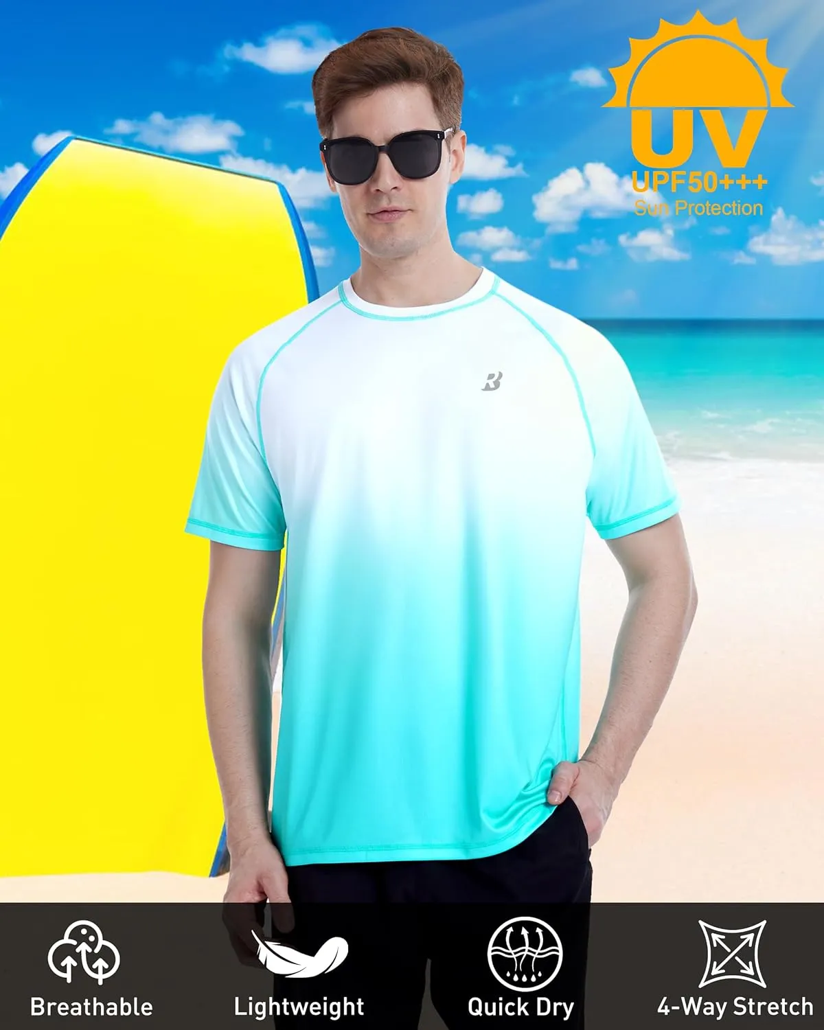Roadbox Men's Swim Shirts Short Sleeve, UPF 50  UV Sun Protection SPF Rash Guard, Quick Dry Surf Water Beach Fishing T Shirt