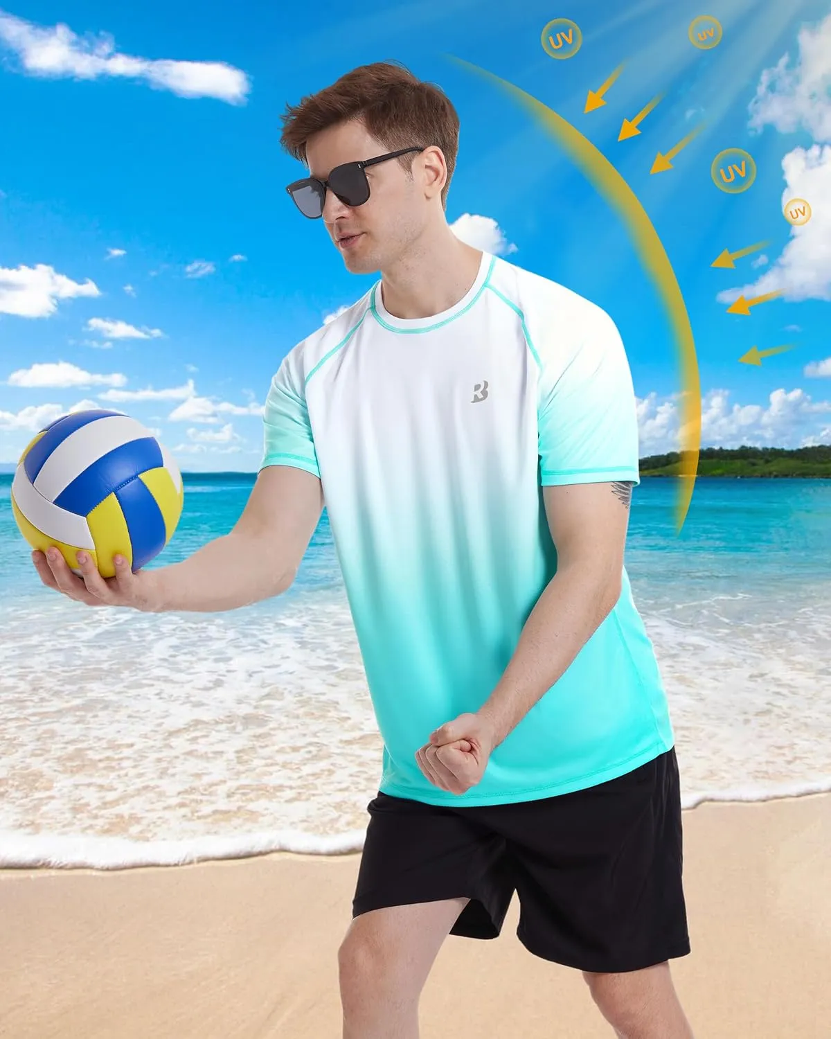 Roadbox Men's Swim Shirts Short Sleeve, UPF 50  UV Sun Protection SPF Rash Guard, Quick Dry Surf Water Beach Fishing T Shirt