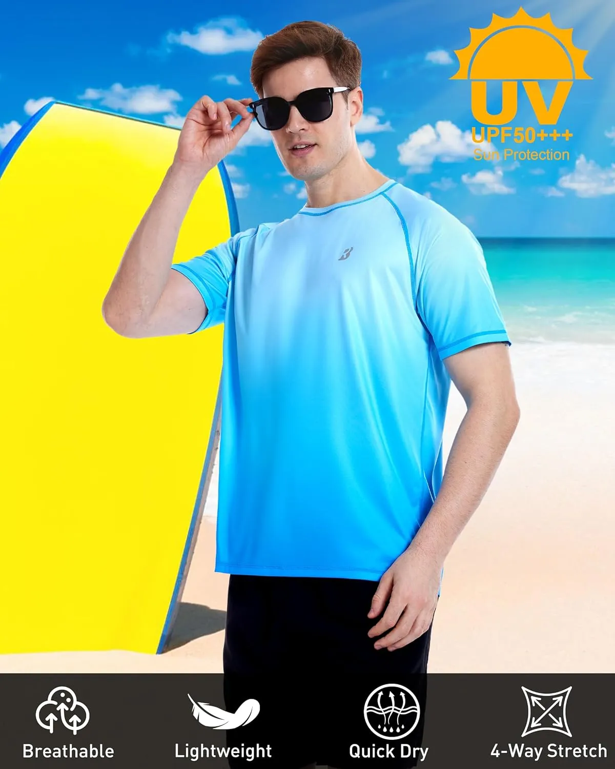 Roadbox Men's Swim Shirts Short Sleeve, UPF 50  UV Sun Protection SPF Rash Guard, Quick Dry Surf Water Beach Fishing T Shirt