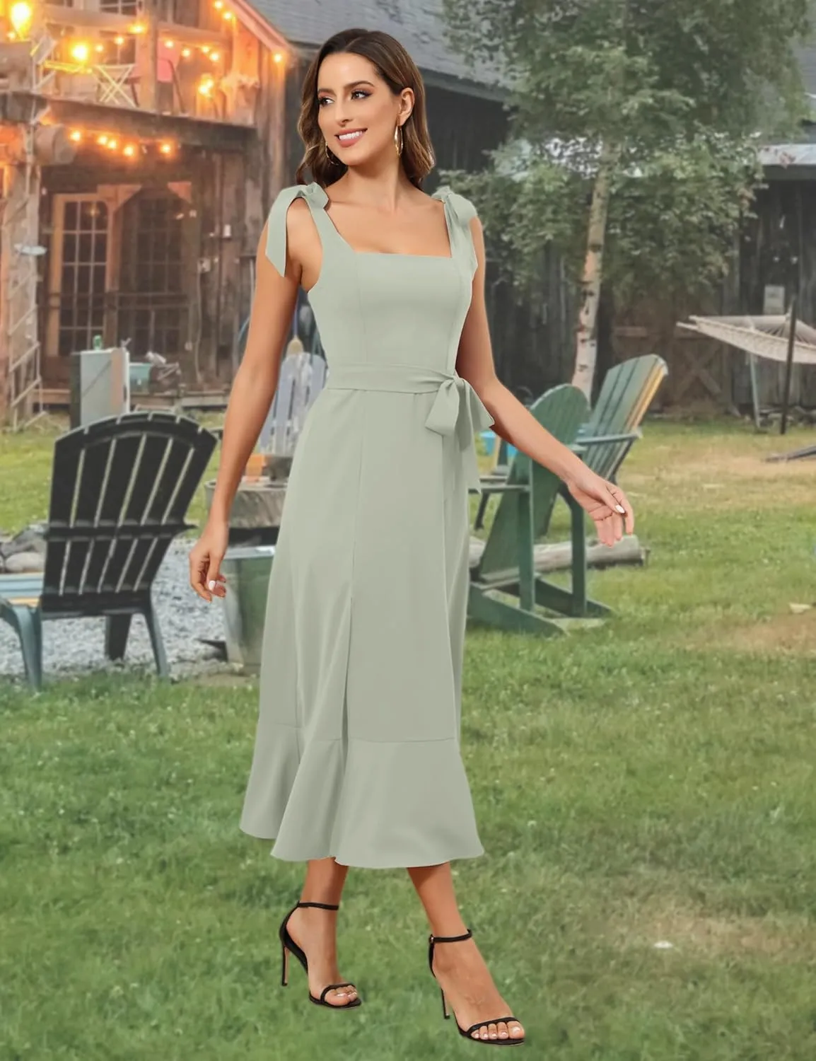 ROYAL MATRIX Women's Midi Dresses for Wedding Guest Semi Formal Dress for Cocktail Party Square Neck Split Bridesmaid Dress