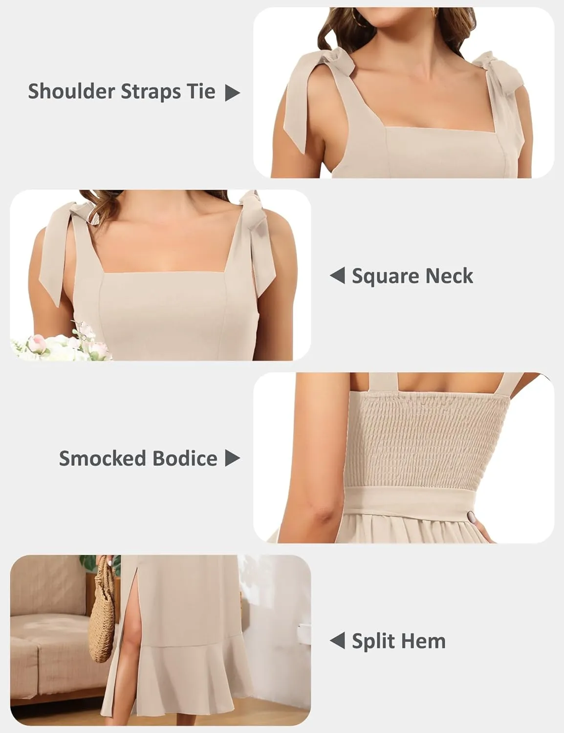 ROYAL MATRIX Women's Midi Dresses for Wedding Guest Semi Formal Dress for Cocktail Party Square Neck Split Bridesmaid Dress